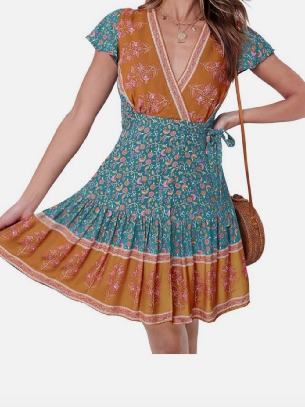 Zesica Womens Boho Wrap Dress Blue Floral Deep V - XL